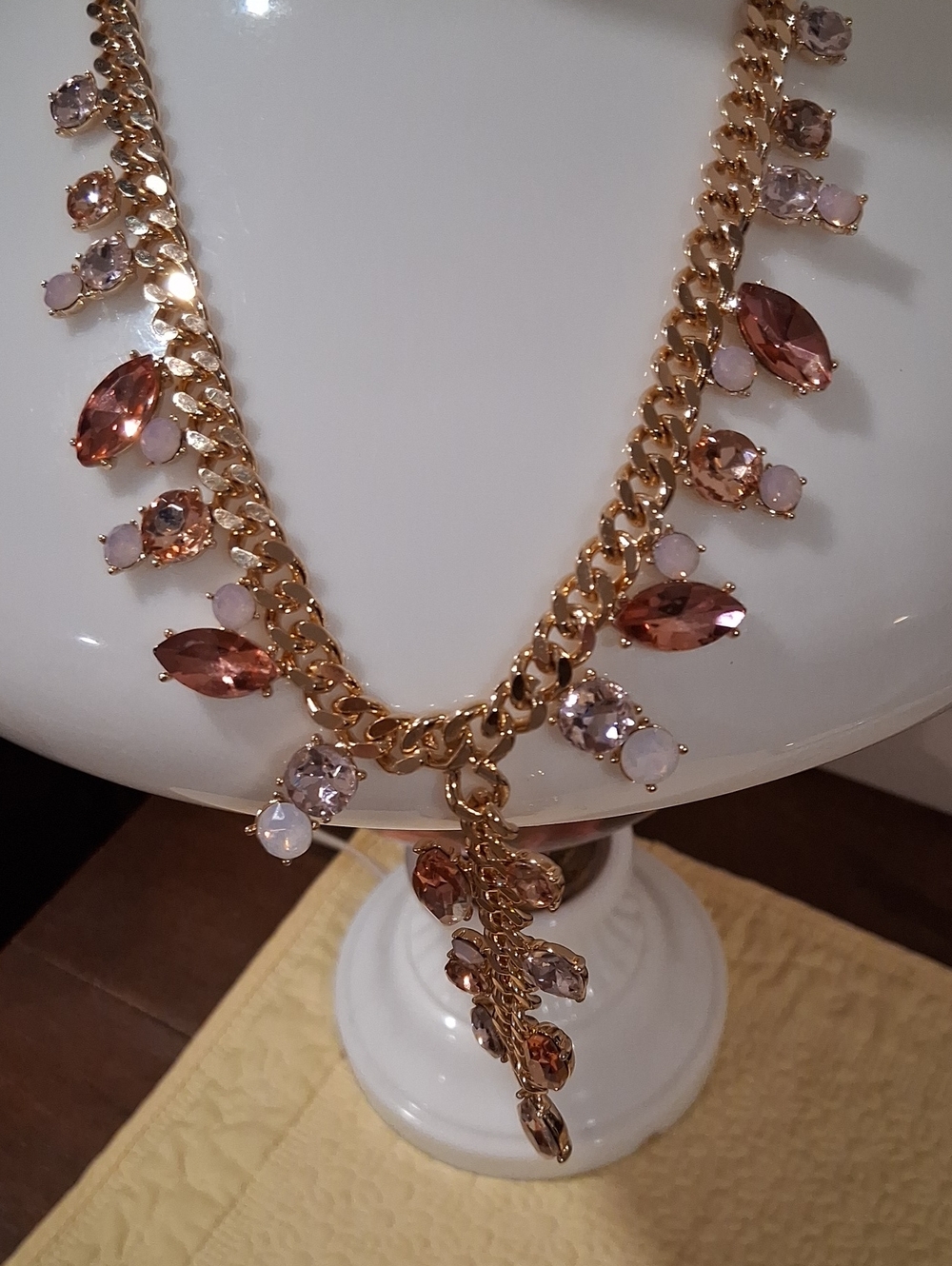 Gold Chain Necklace with Pink and Rose Crystal Drops Inc Lariat